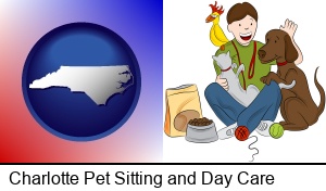 Charlotte, North Carolina - a young man pet sitting a cat, a dog, and a bird