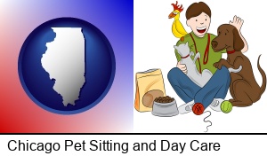 Chicago, Illinois - a young man pet sitting a cat, a dog, and a bird
