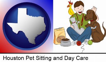 a young man pet sitting a cat, a dog, and a bird in Houston, TX