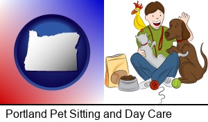Portland, Oregon - a young man pet sitting a cat, a dog, and a bird