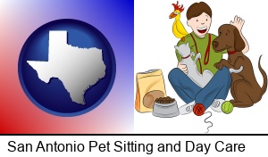 San Antonio, Texas - a young man pet sitting a cat, a dog, and a bird