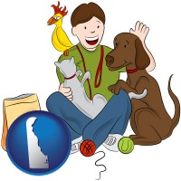 delaware map icon and a young man pet sitting a cat, a dog, and a bird
