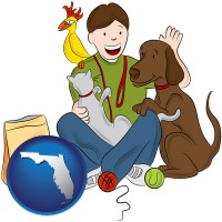 florida map icon and a young man pet sitting a cat, a dog, and a bird