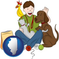 illinois map icon and a young man pet sitting a cat, a dog, and a bird