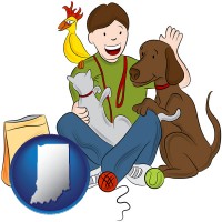 indiana map icon and a young man pet sitting a cat, a dog, and a bird