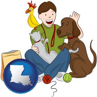 louisiana map icon and a young man pet sitting a cat, a dog, and a bird
