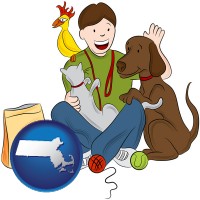 massachusetts map icon and a young man pet sitting a cat, a dog, and a bird