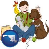 maryland map icon and a young man pet sitting a cat, a dog, and a bird