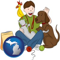 michigan map icon and a young man pet sitting a cat, a dog, and a bird