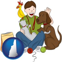 new-hampshire map icon and a young man pet sitting a cat, a dog, and a bird
