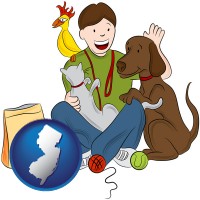 new-jersey map icon and a young man pet sitting a cat, a dog, and a bird
