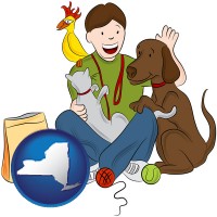new-york map icon and a young man pet sitting a cat, a dog, and a bird