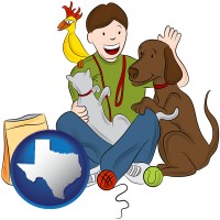 texas map icon and a young man pet sitting a cat, a dog, and a bird