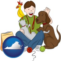virginia map icon and a young man pet sitting a cat, a dog, and a bird
