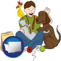 washington map icon and a young man pet sitting a cat, a dog, and a bird