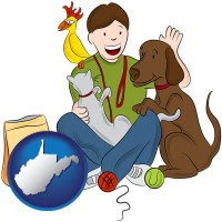 west-virginia map icon and a young man pet sitting a cat, a dog, and a bird
